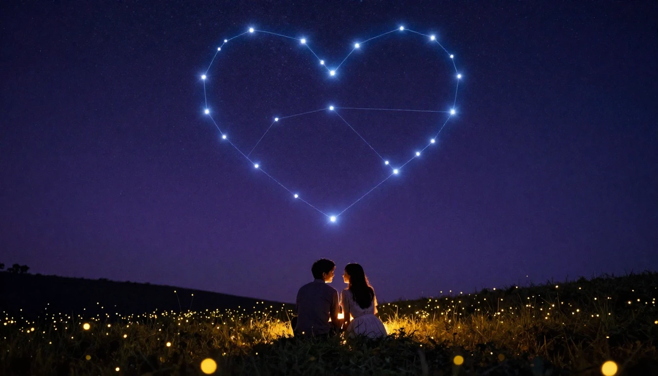 A romantic cinematic scene featuring a couple sitting on a g...