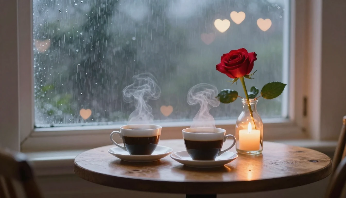 A romantic and cozy scene featuring a wooden table by a wind...