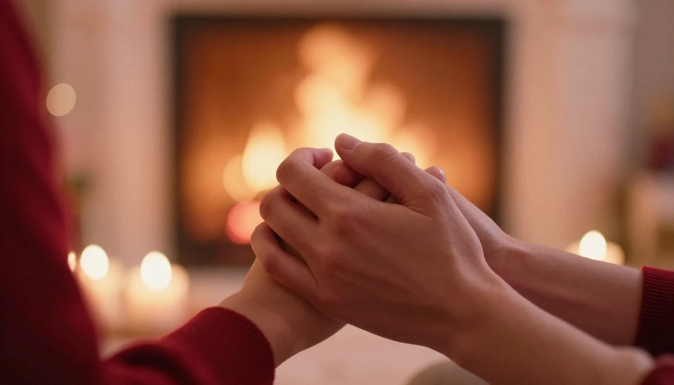 A romantic and intimate close-up scene of a couple holding h...