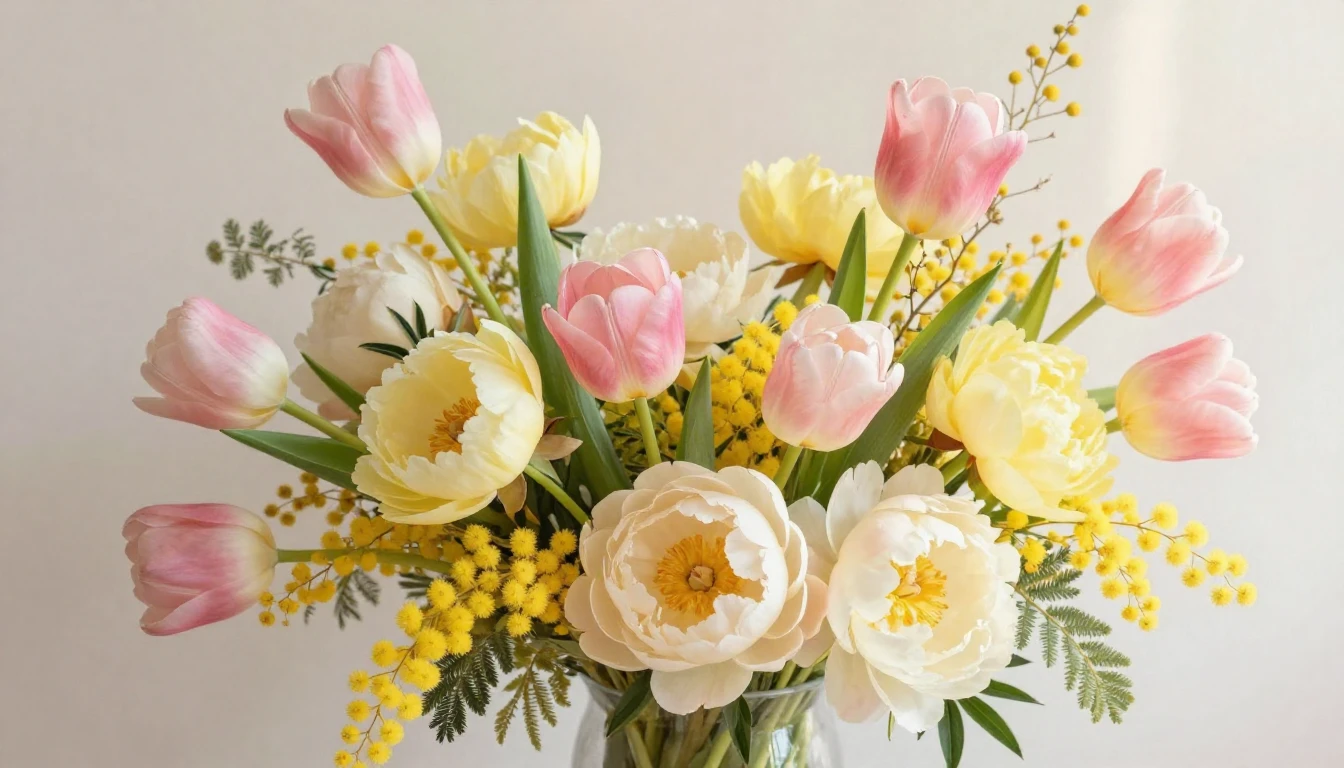 A lush and vibrant bouquet of spring flowers including tulip...