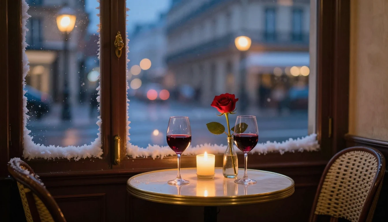 A romantic and intimate scene set in a cozy Parisian cafe at...