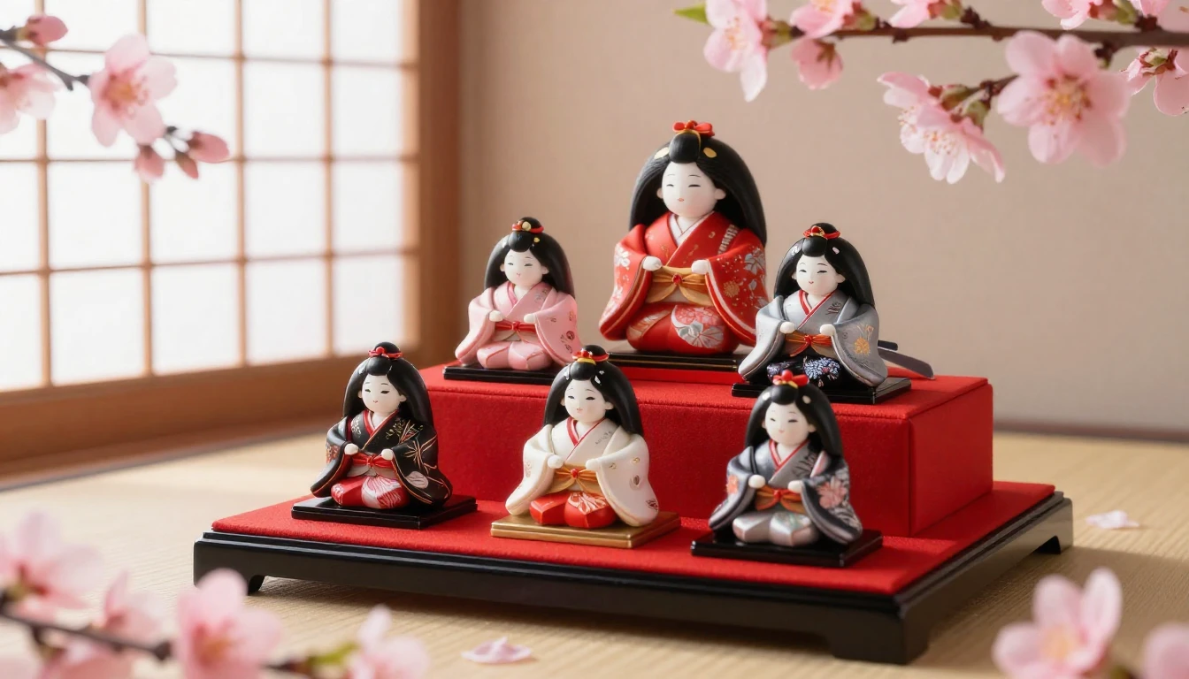 A beautiful arrangement of traditional Japanese Hina dolls o...