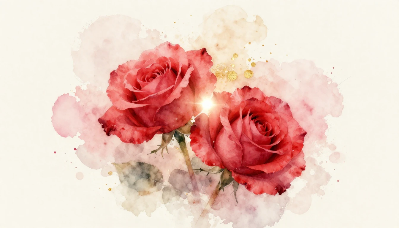 A beautiful watercolor painting of two delicate red roses in...