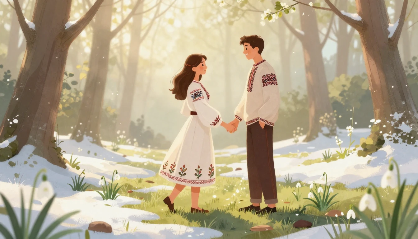 A romantic illustration of a young couple holding hands in a...