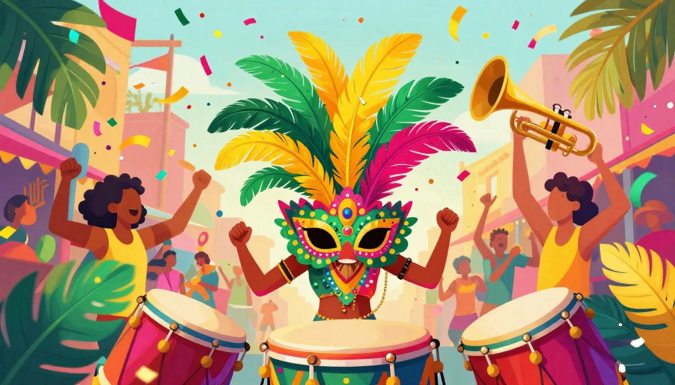 A dynamic and colorful digital illustration of a Carnival ce...