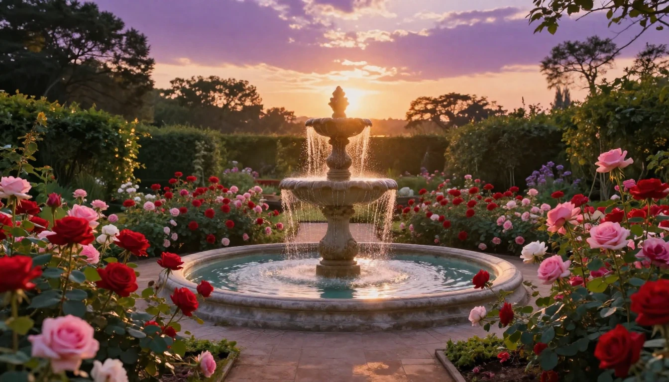 A lush, romantic garden at sunset, filled with blooming red ...