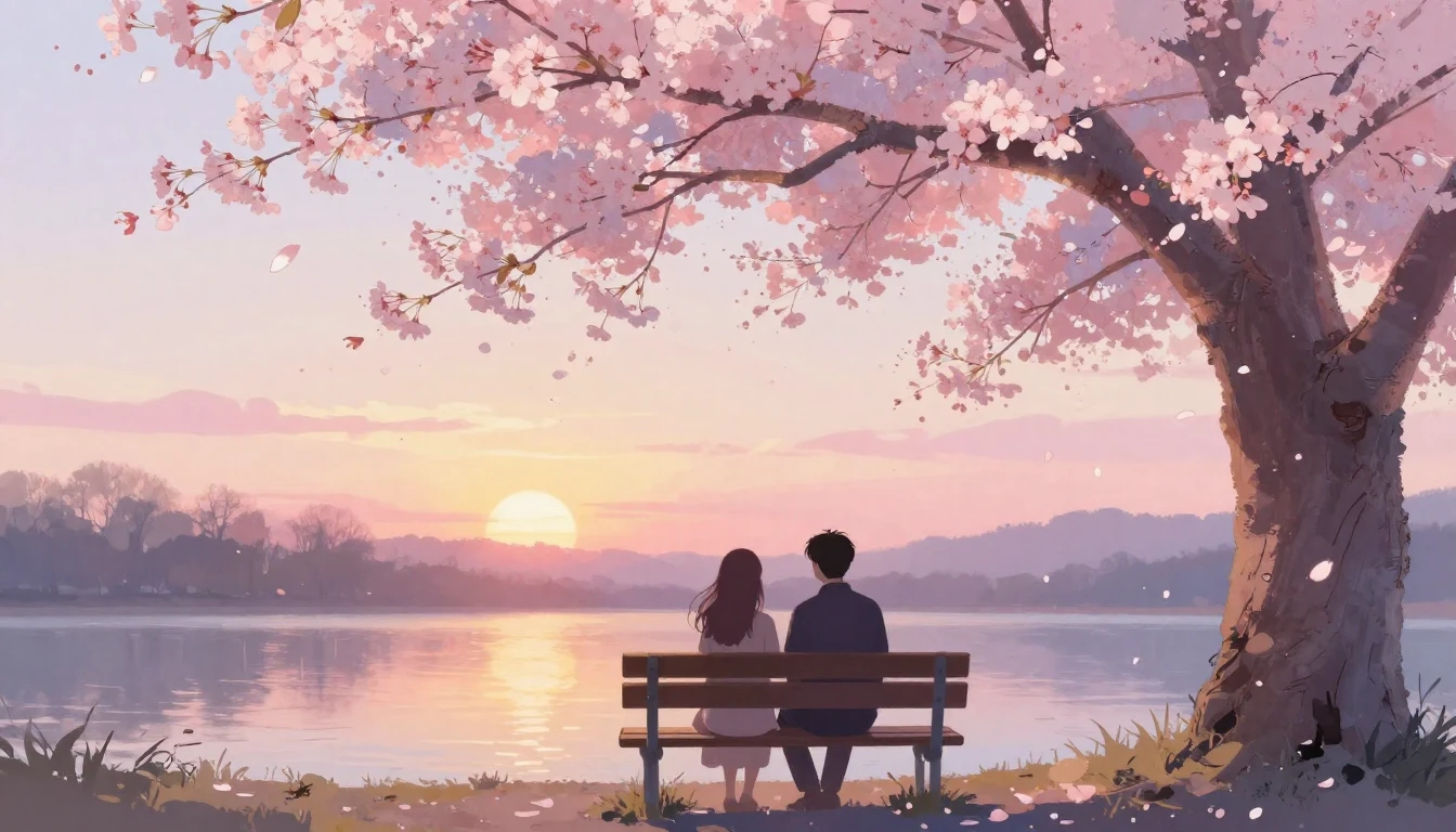 A dreamy and romantic scene featuring two silhouettes of lov...