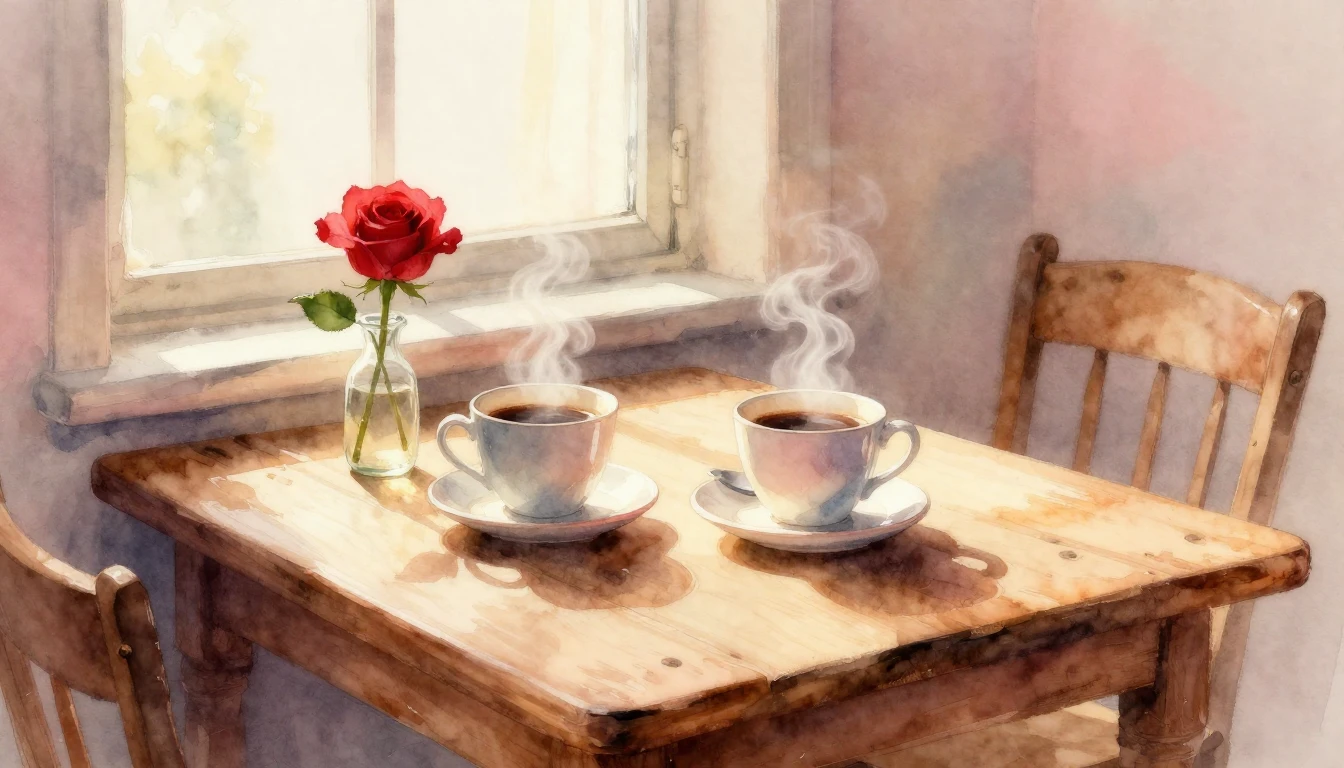 A soft and romantic watercolor painting depicting a cozy Val...