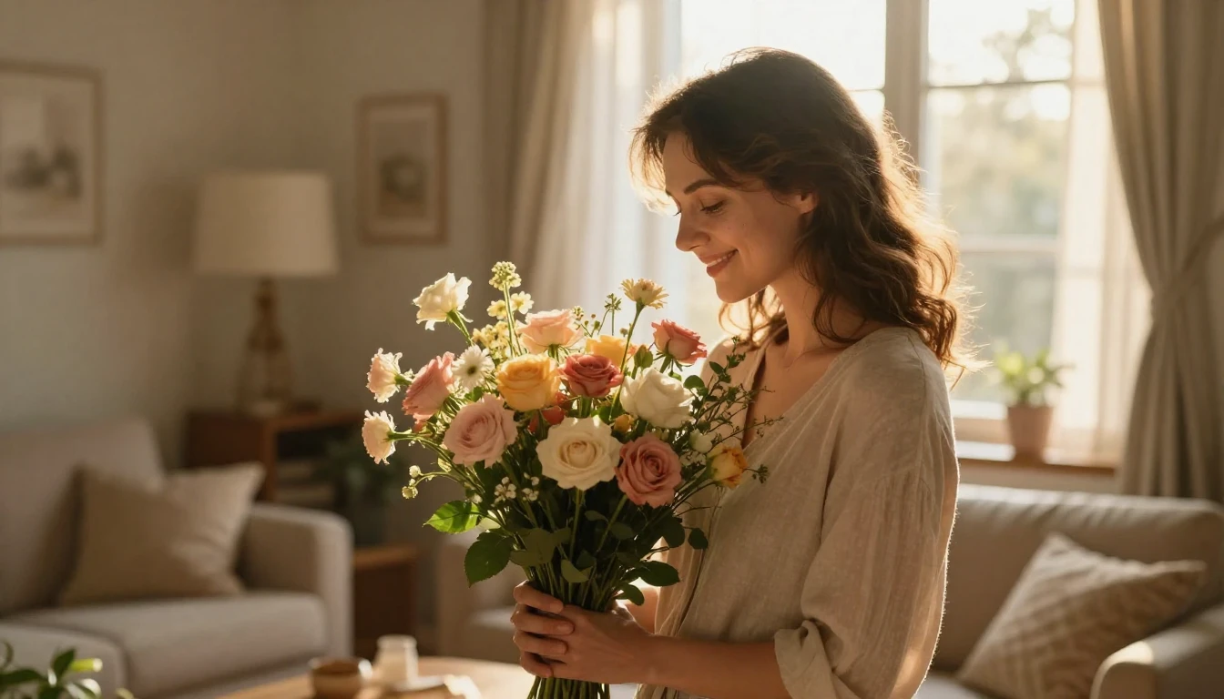 A heartwarming scene of a beautiful mother holding a lush bo...