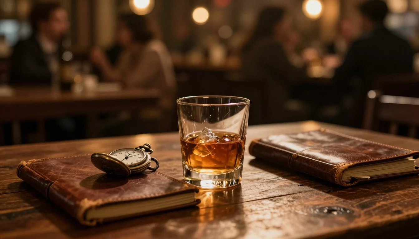 A cinematic close-up shot of a rustic wooden table in a diml...