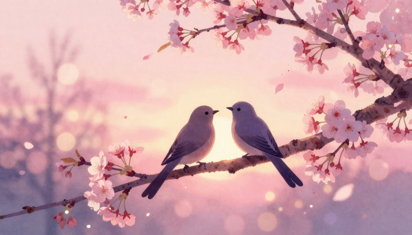 A dreamy and romantic scene featuring two silhouettes of bir...