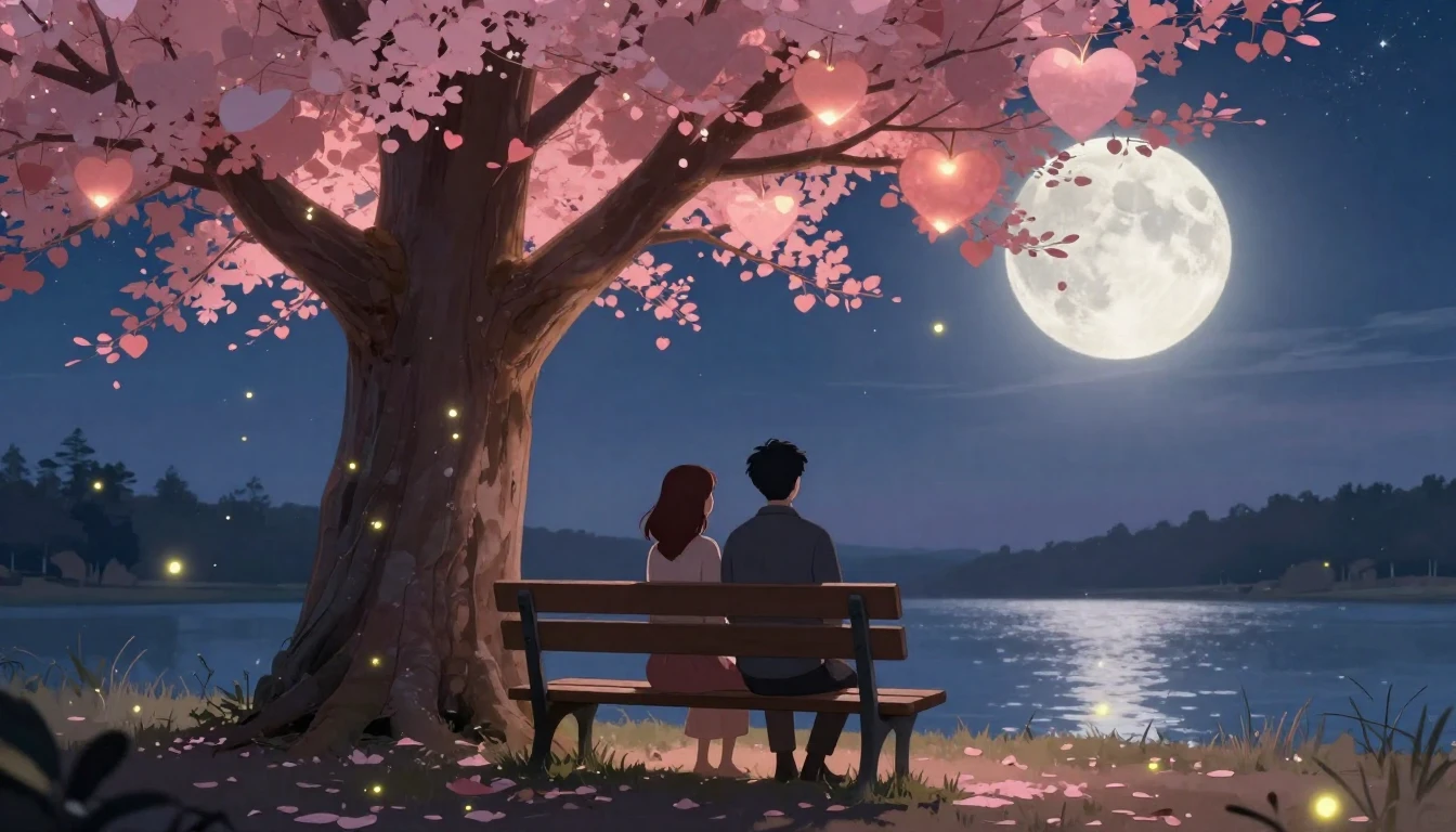 A romantic and magical illustration of a couple sitting on a...