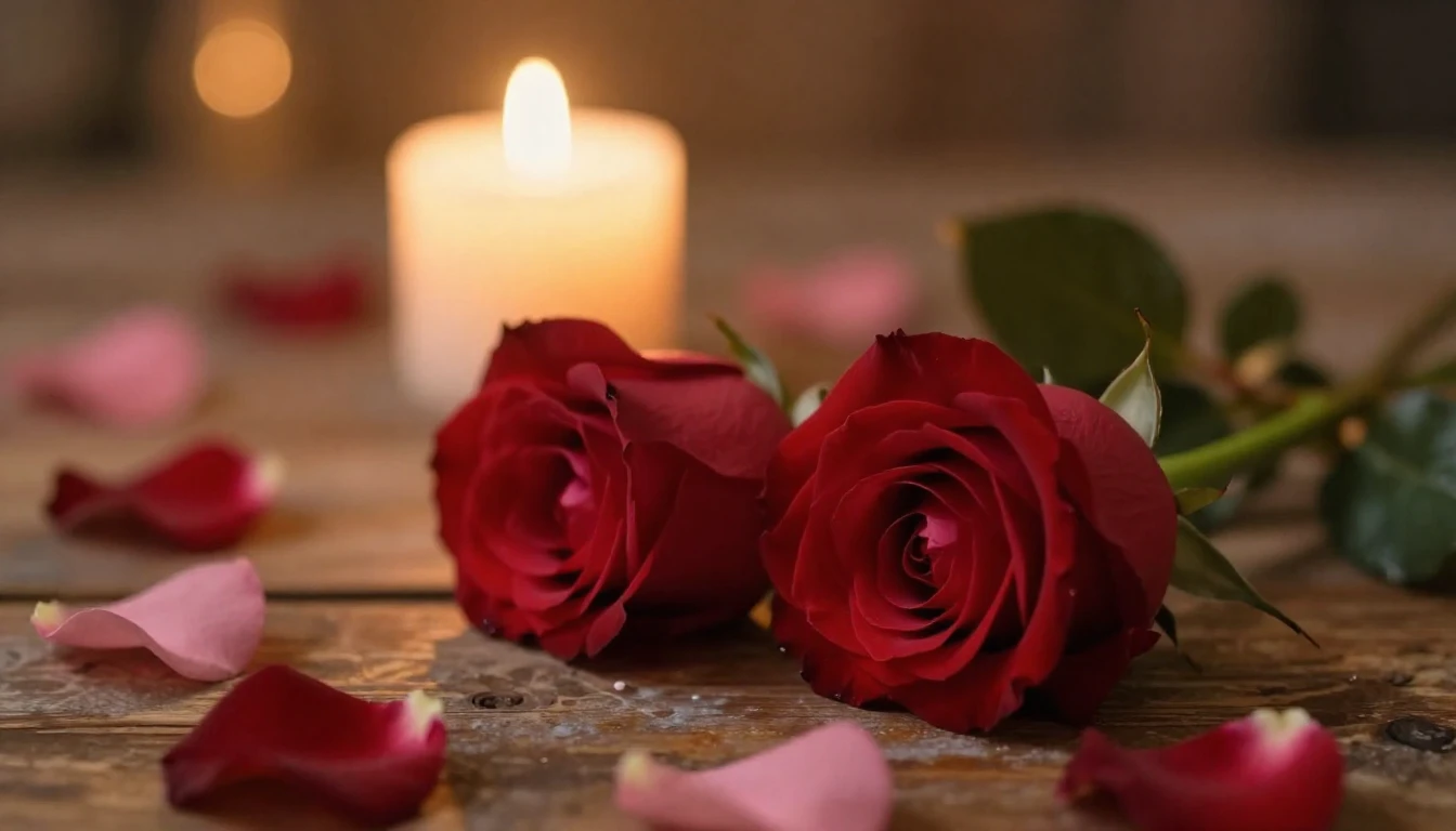 A beautiful and delicate scene featuring two red roses resti...