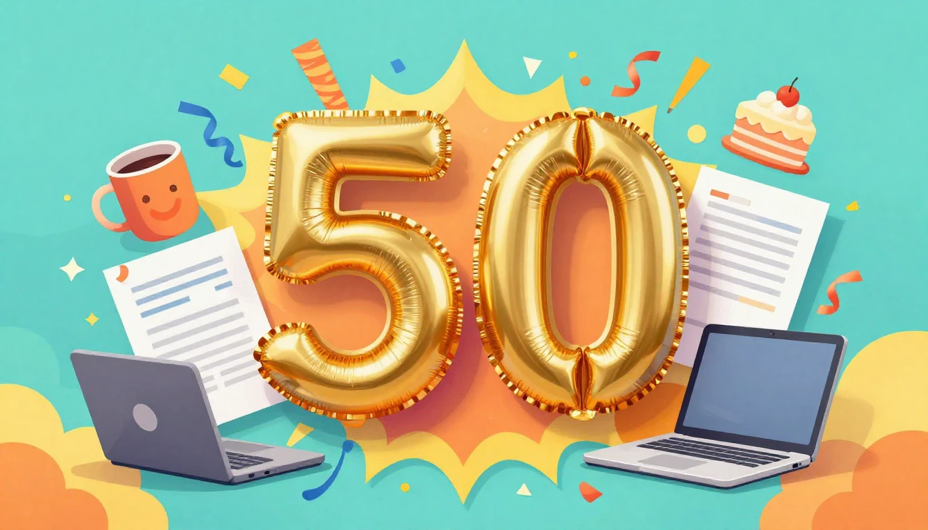 A vibrant and festive illustration celebrating a 50th birthd...