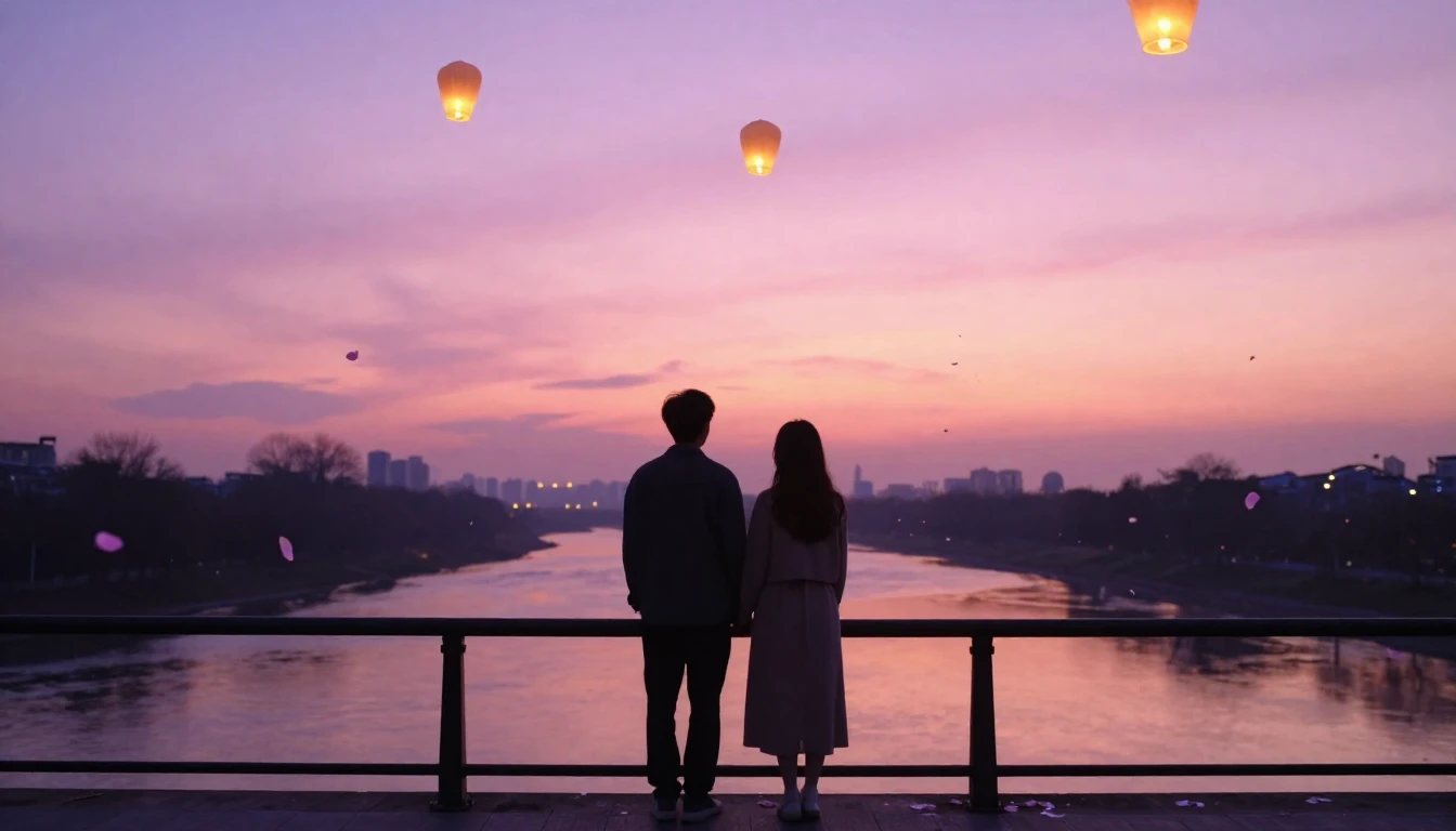 A dreamy and romantic scene featuring two silhouettes of lov...