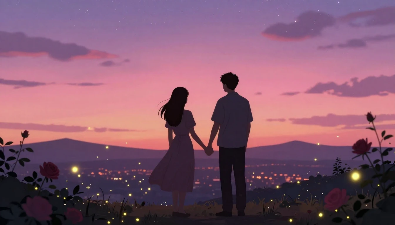 A romantic and atmospheric illustration of a couple's silhou...