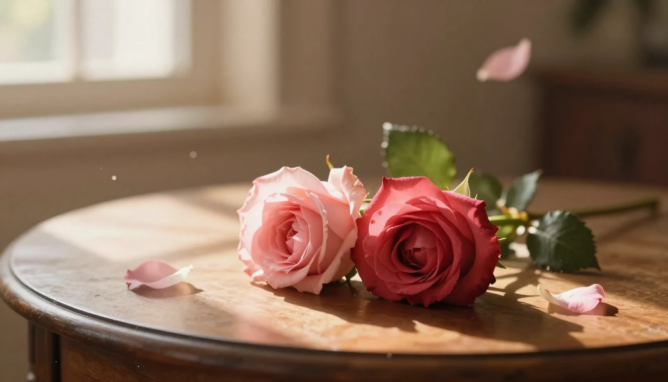 A delicate and ethereal scene featuring two intertwined rose...