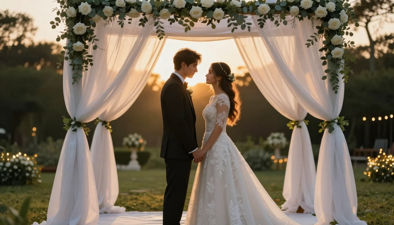 A cinematic, romantic wide shot of a bride and groom standin...