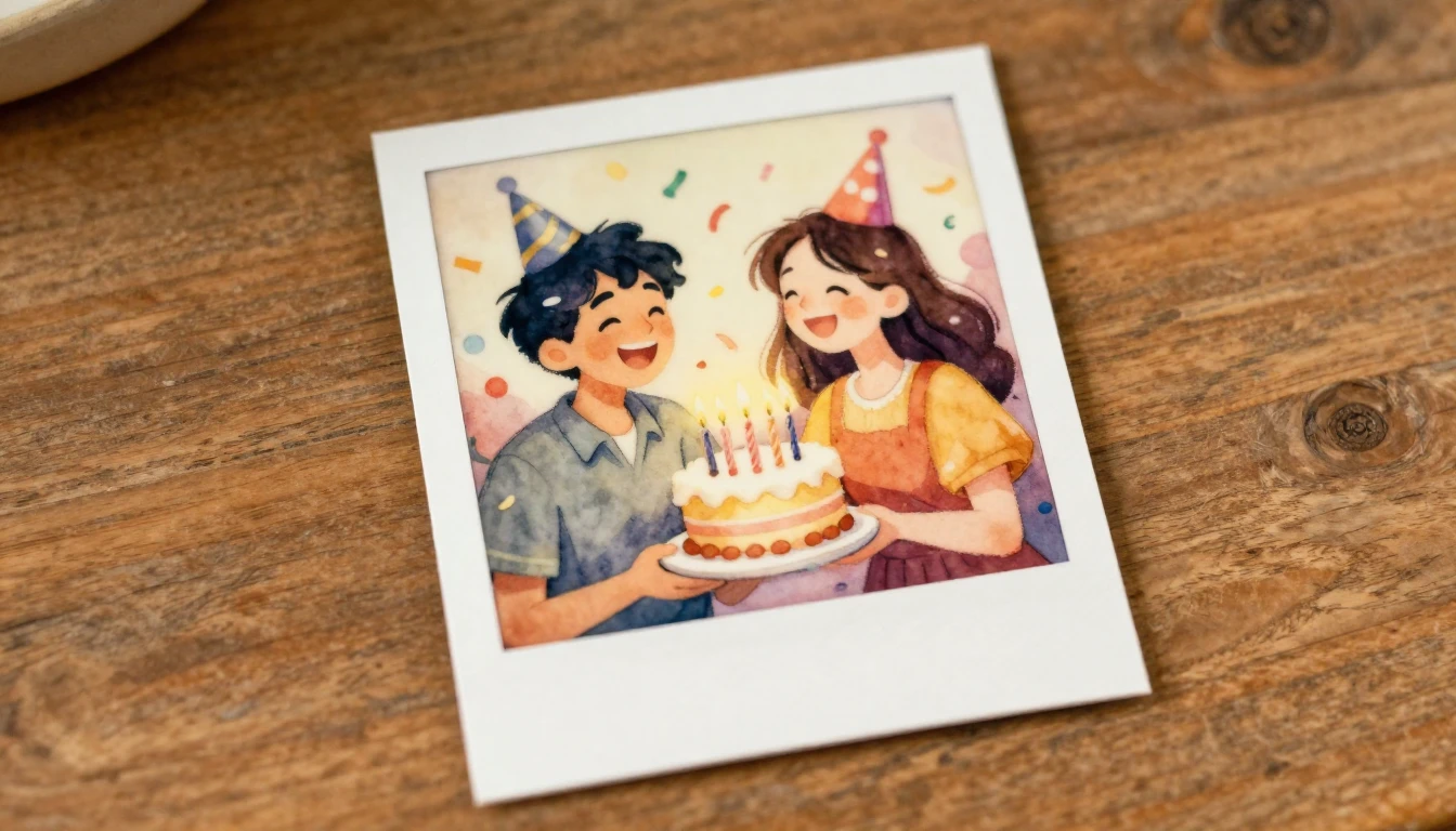 A heartwarming watercolor illustration of a vintage Polaroid...