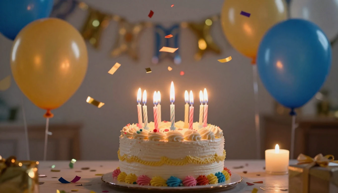 A festive birthday party atmosphere, a colorful birthday cak...