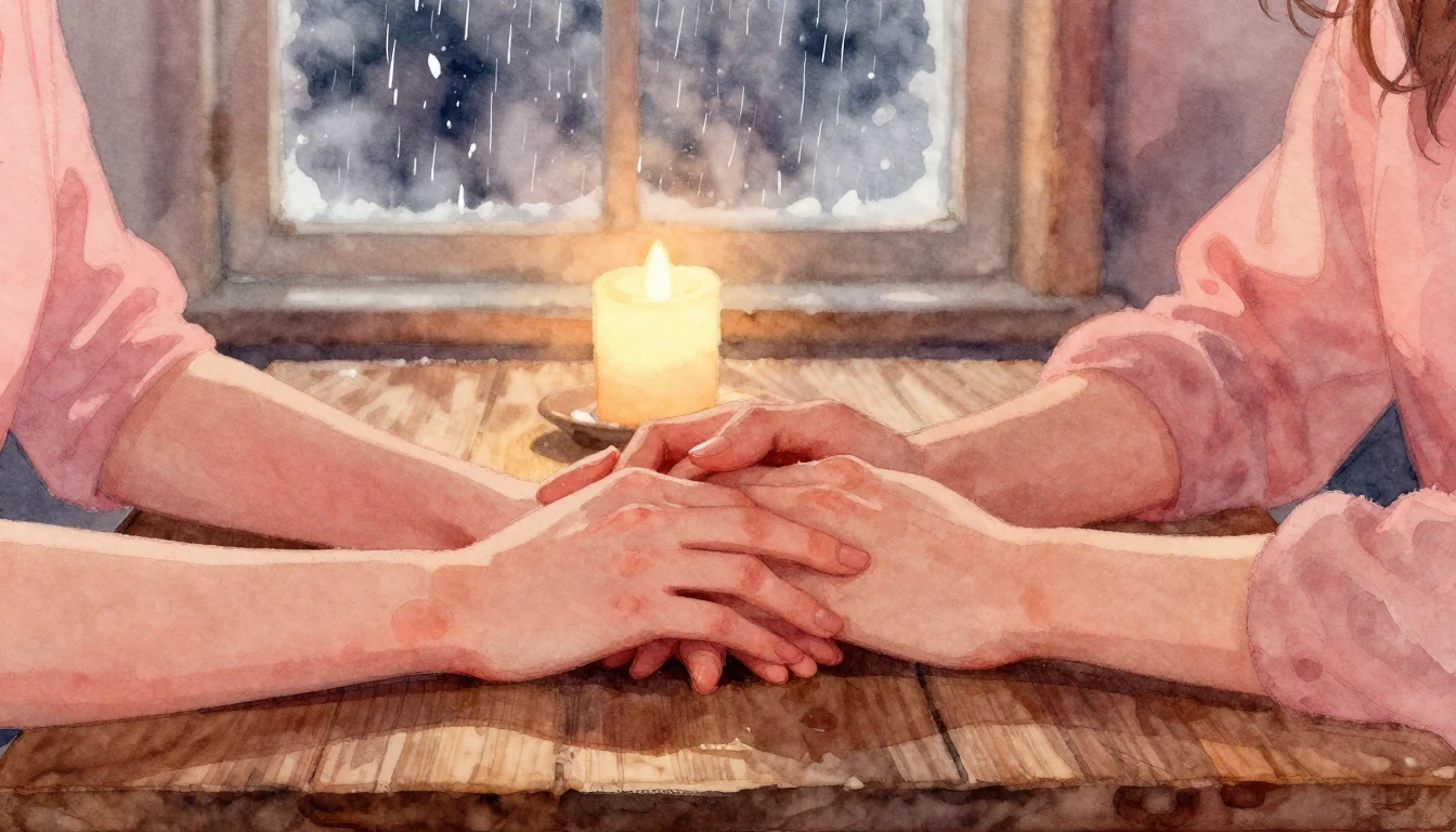 A romantic and tender scene in soft watercolor style. Close-...