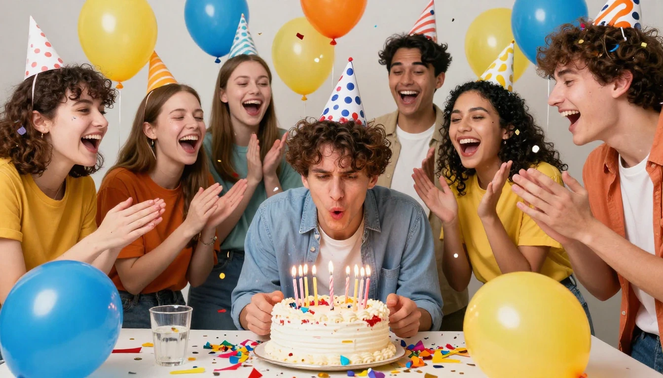 A vibrant and funny birthday party scene featuring a group o...