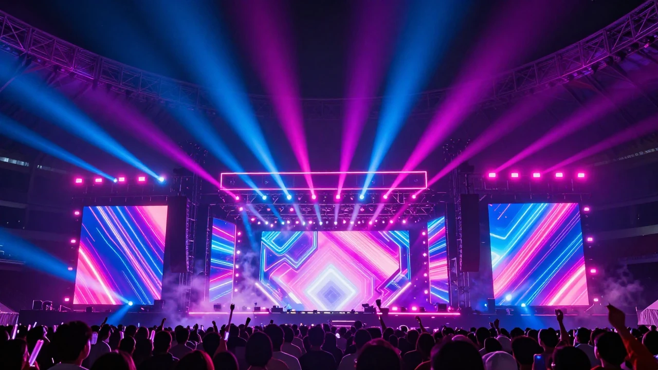 A vibrant stadium stage illuminated by massive neon light di...