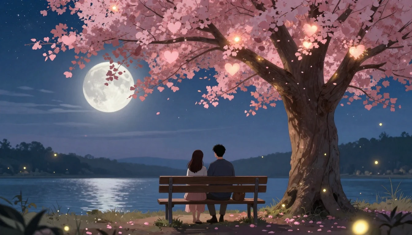 A romantic and magical illustration of a couple sitting on a...