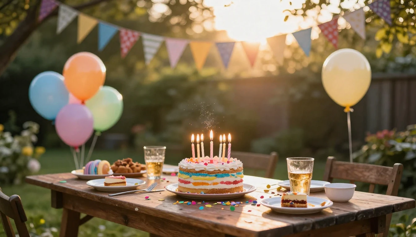 A festive and warm birthday celebration scene outdoors in a ...
