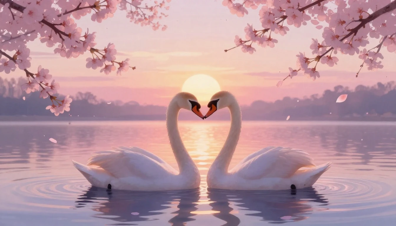 A dreamlike and romantic scene featuring two elegant silhoue...