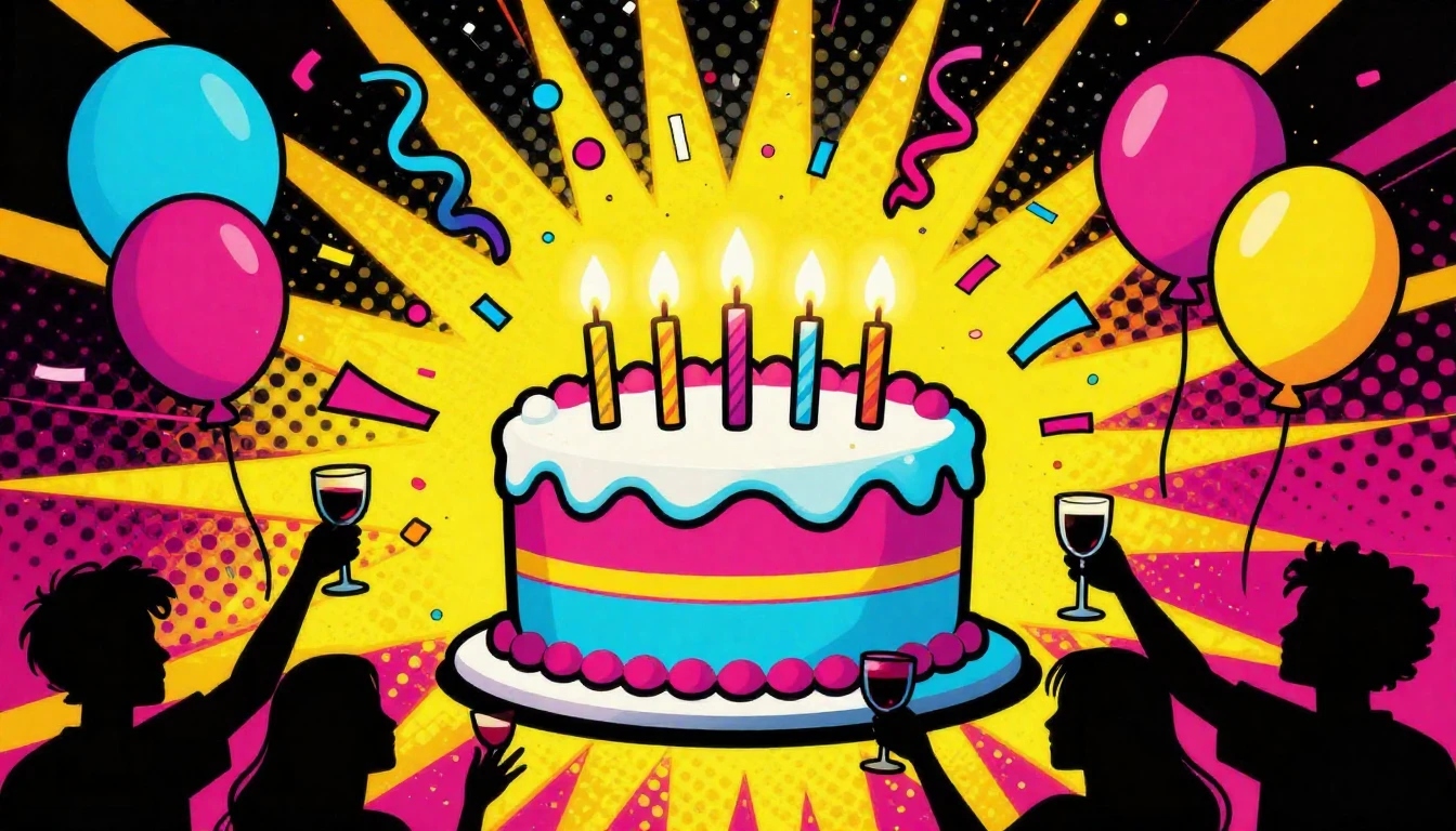 A vibrant and energetic Pop Art illustration celebrating a b...