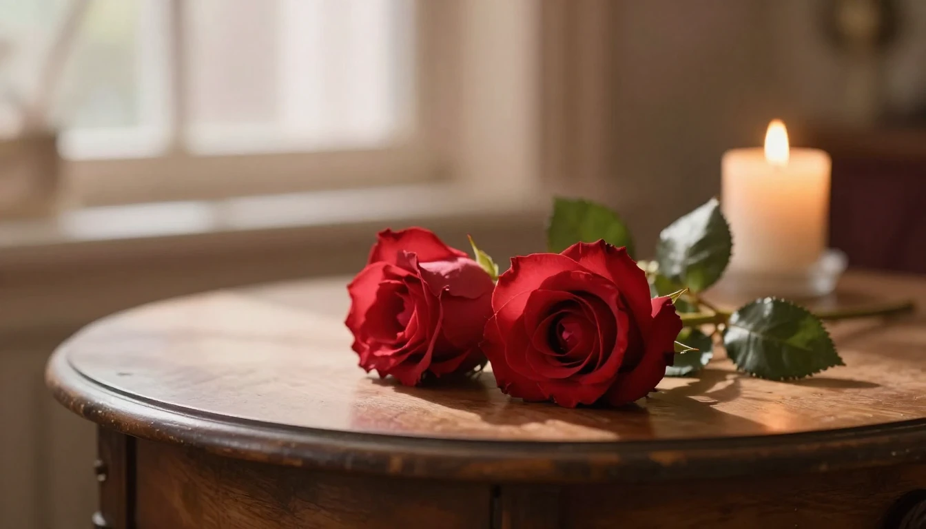 A beautiful and delicate scene featuring two intertwined red...