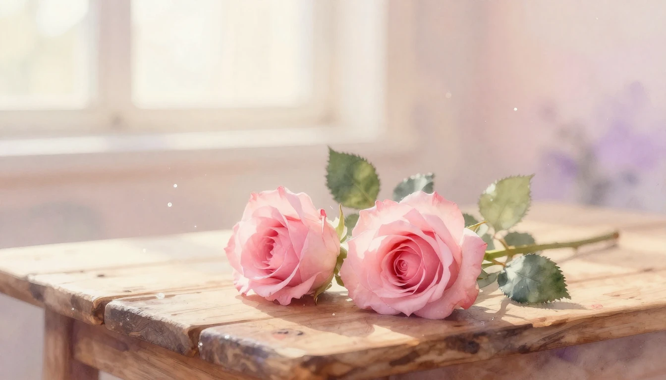 A soft and ethereal watercolor painting of two delicate pink...