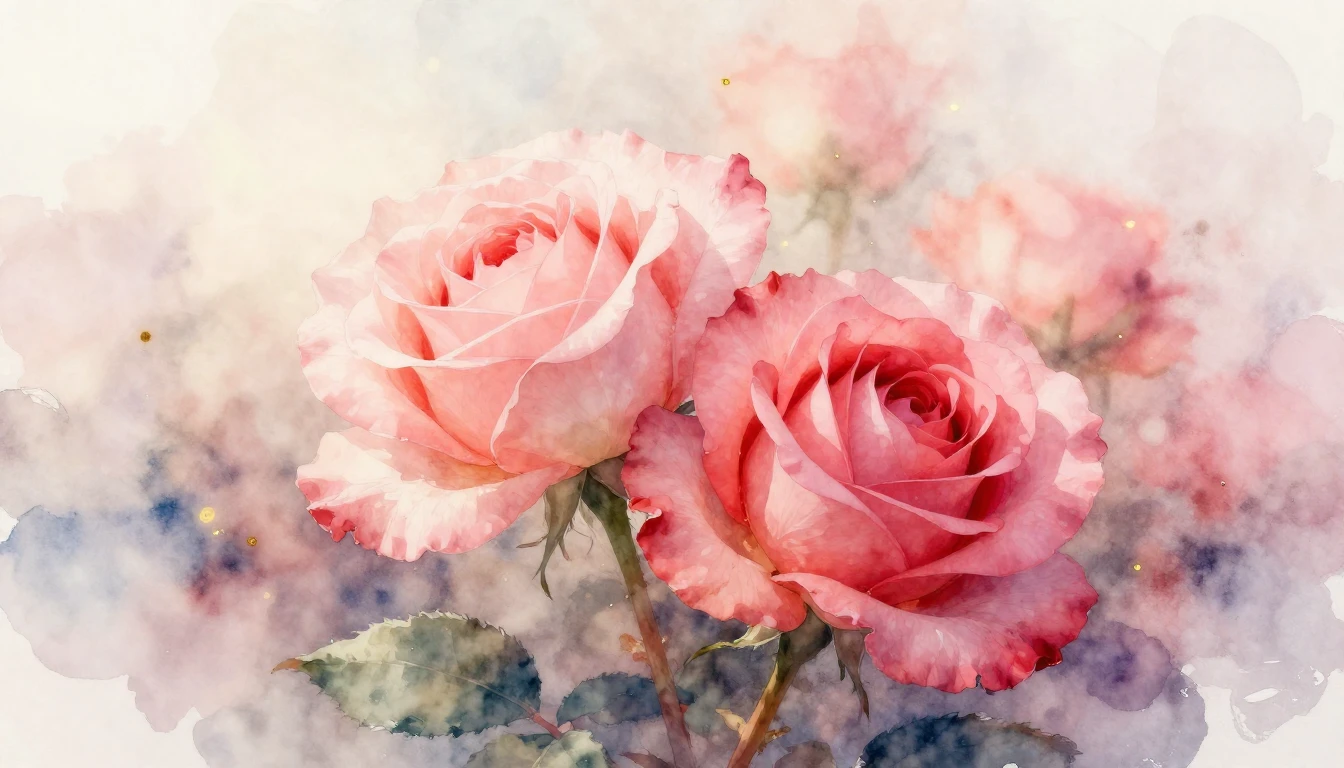 A delicate watercolor painting of two blooming roses intertw...