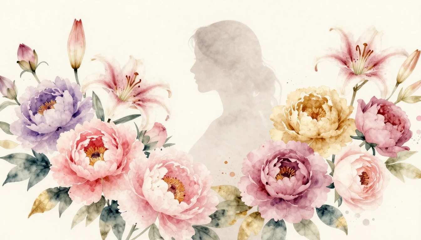 A beautiful watercolor painting featuring a variety of bloom...
