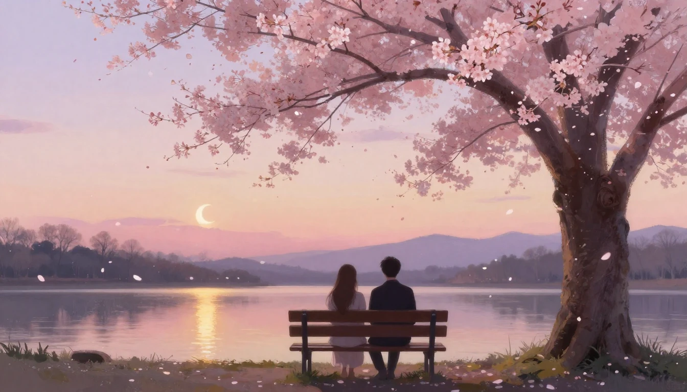 A serene and romantic scene featuring two silhouettes sittin...