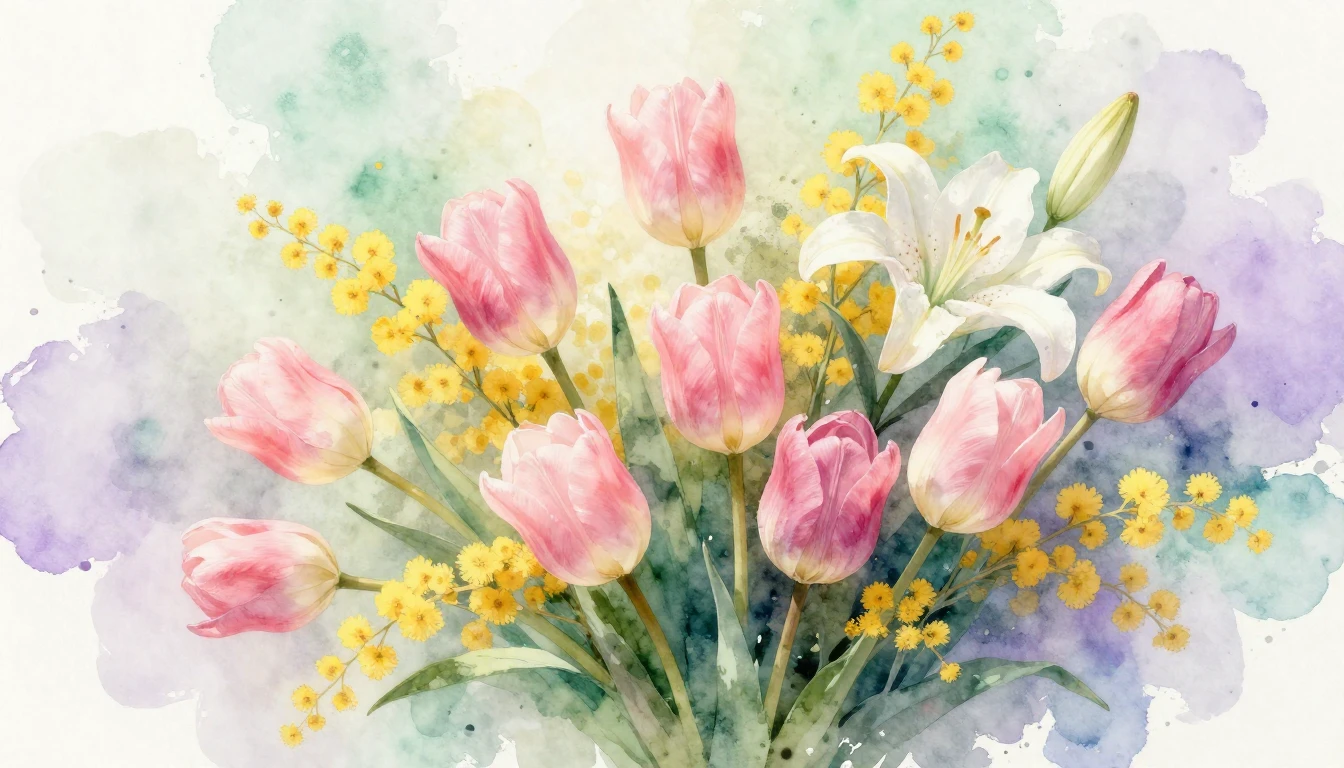 A delicate watercolor painting of a lush bouquet featuring s...