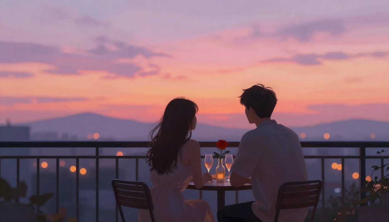 A romantic and dreamy scene of two silhouettes sitting toget...