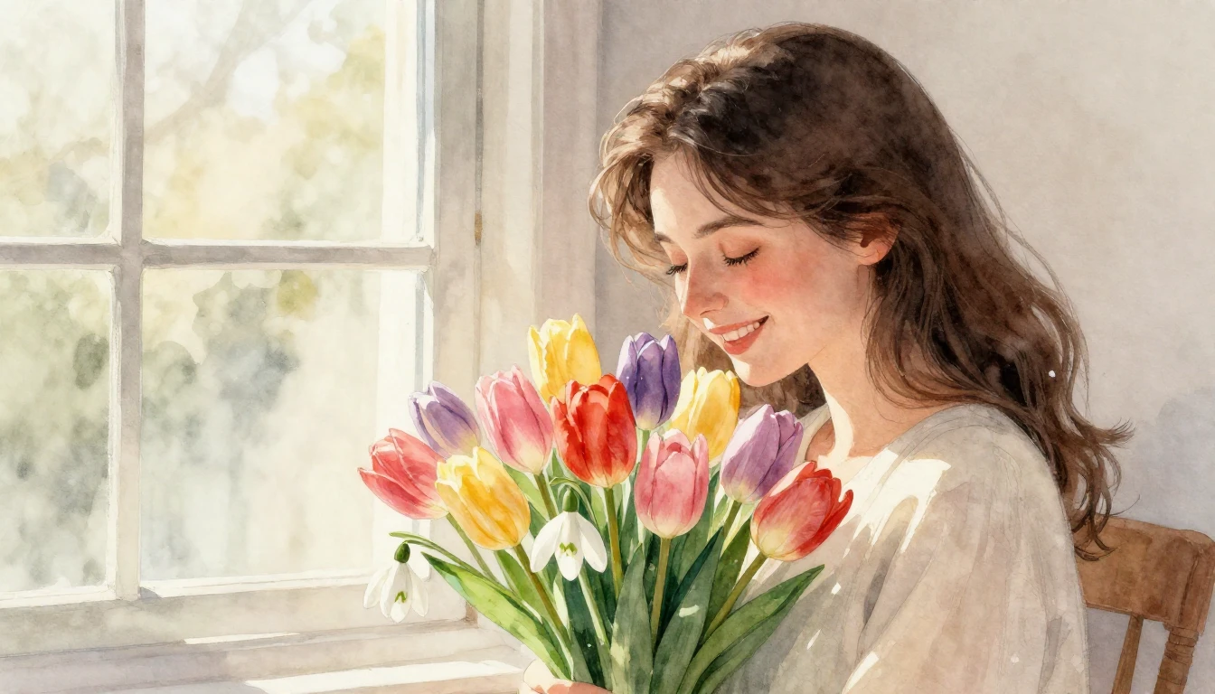 A heartwarming watercolor painting depicting a loving mother...