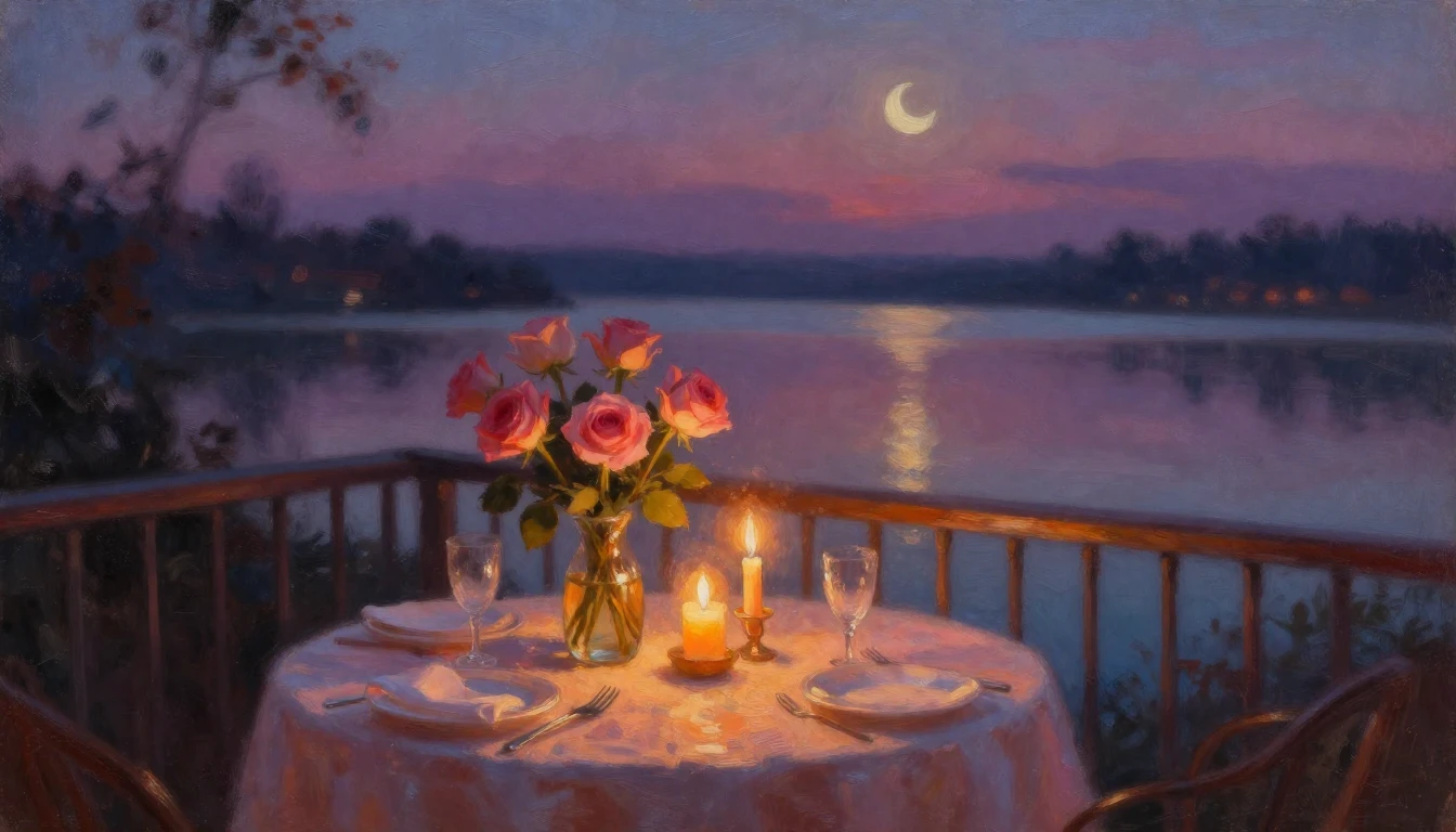 An impressionist oil painting of a cozy, candlelit dinner se...