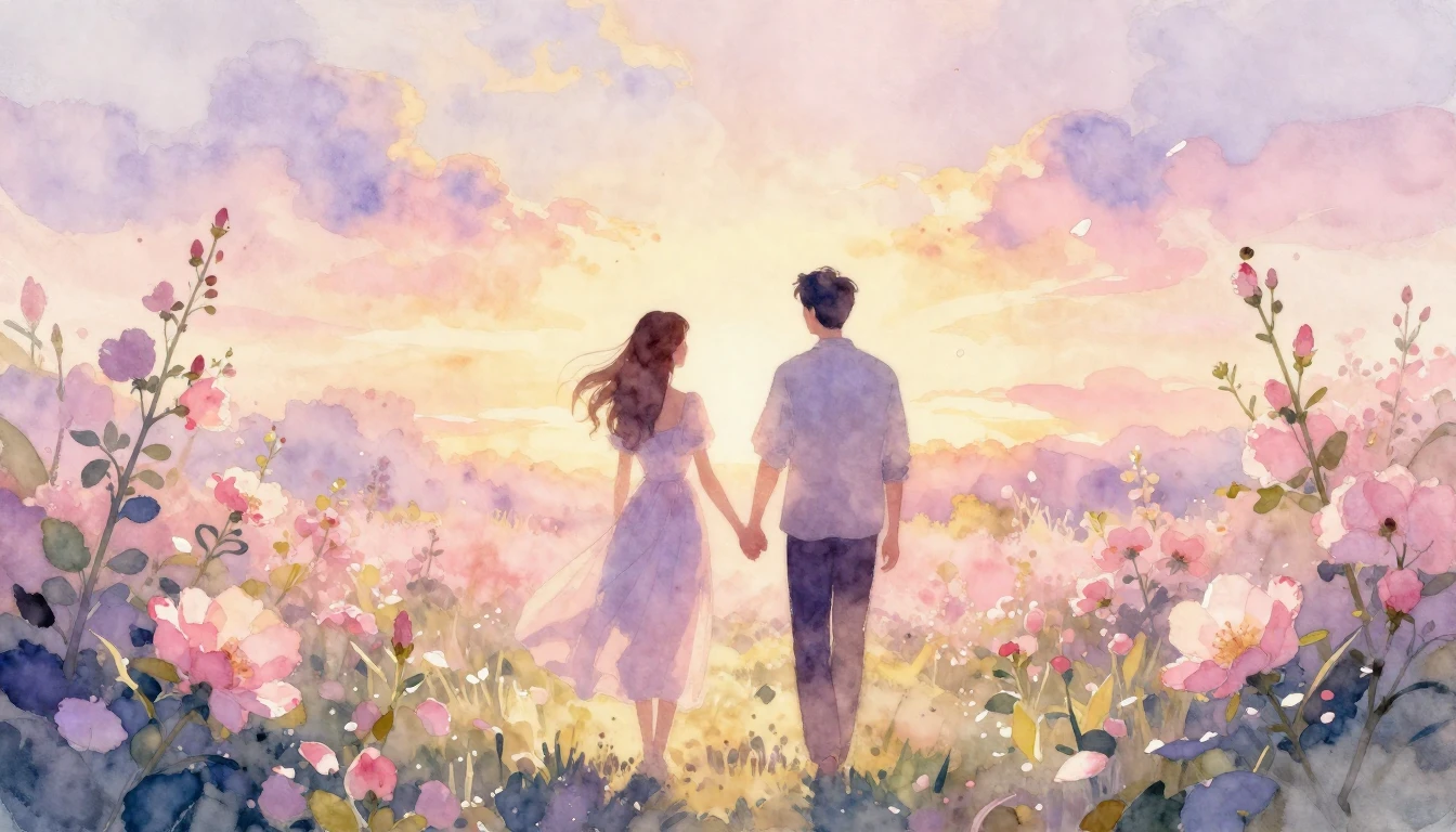 A beautiful and delicate watercolor painting of two silhouet...