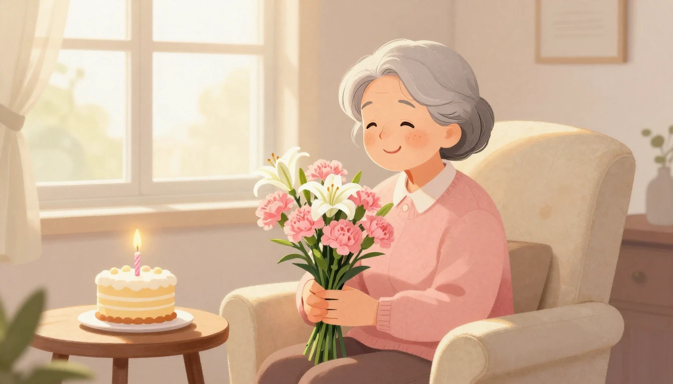 A heartwarming and soft illustration of an elderly mother si...