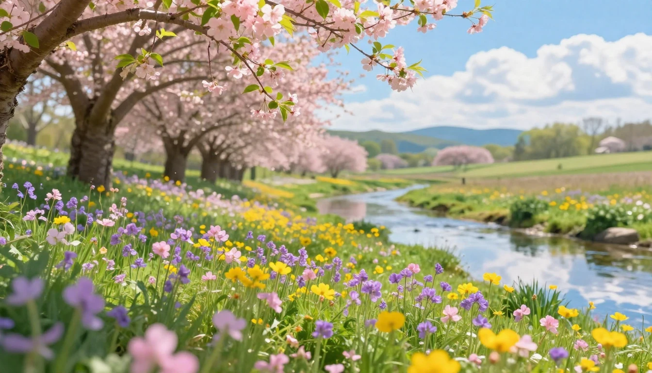 A breathtaking spring meadow filled with a vibrant tapestry ...