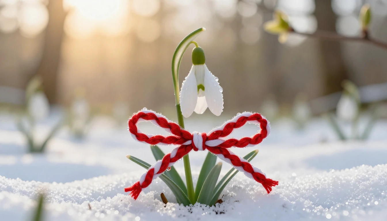 A delicate white snowdrop flower emerging from a thin layer ...