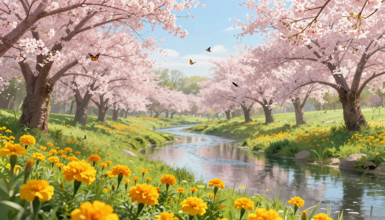 A lush landscape filled with blooming cherry blossoms and vi...