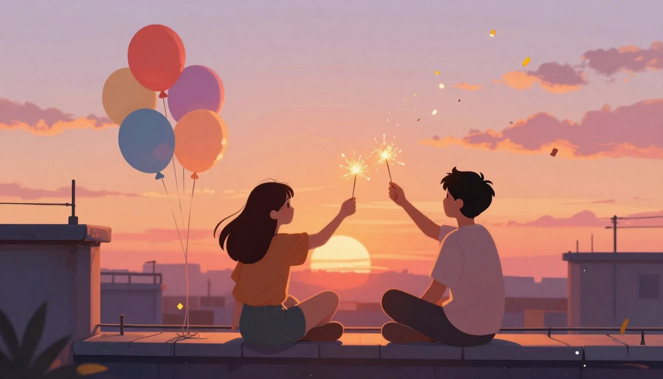 A warm and festive illustration showing two friends sitting ...