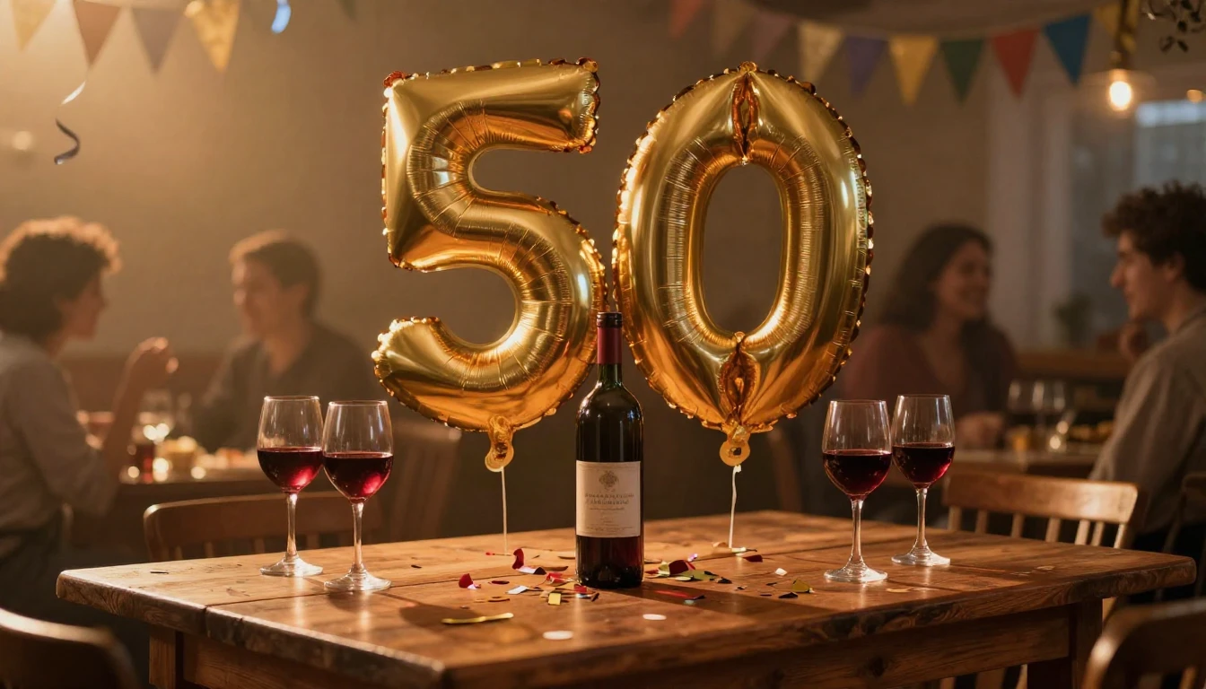 A festive and warm celebration of a 50th birthday. In the ce...