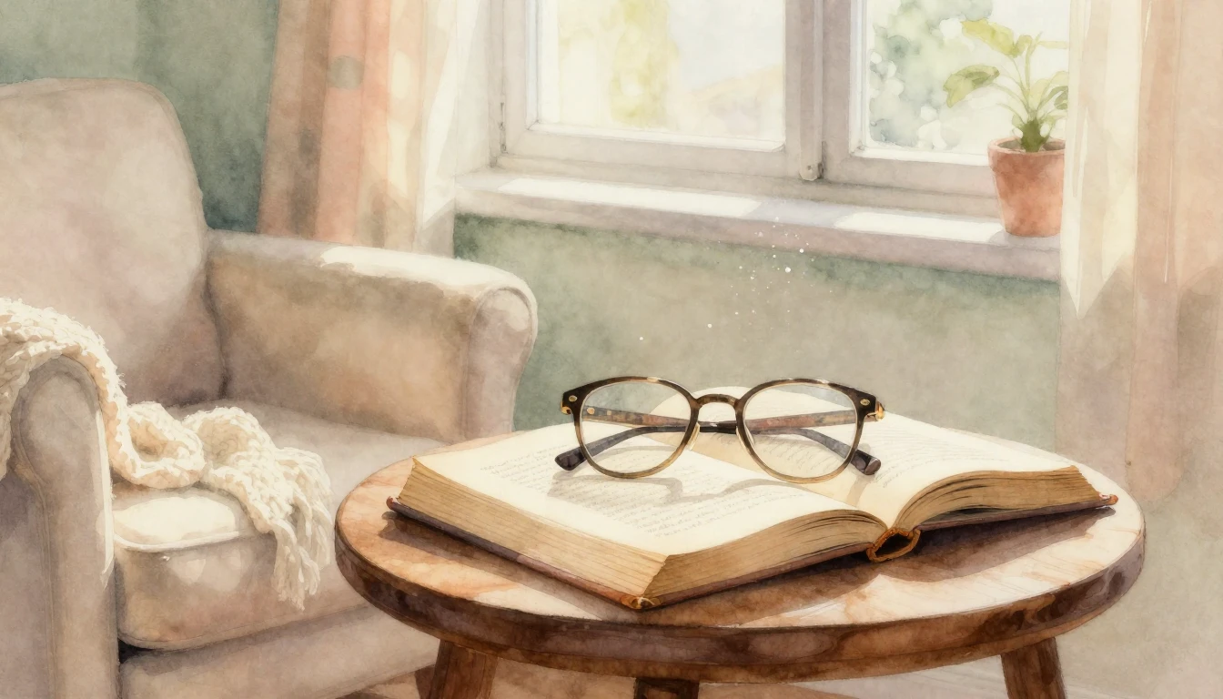 A soft watercolor painting of a cozy sunlit living room. A p...