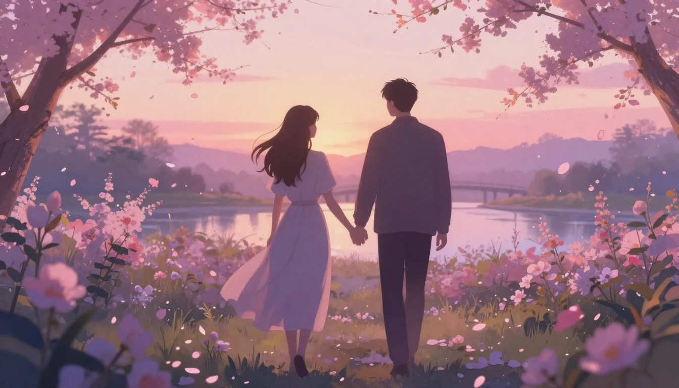 A soft and ethereal scene depicting two silhouettes walking ...