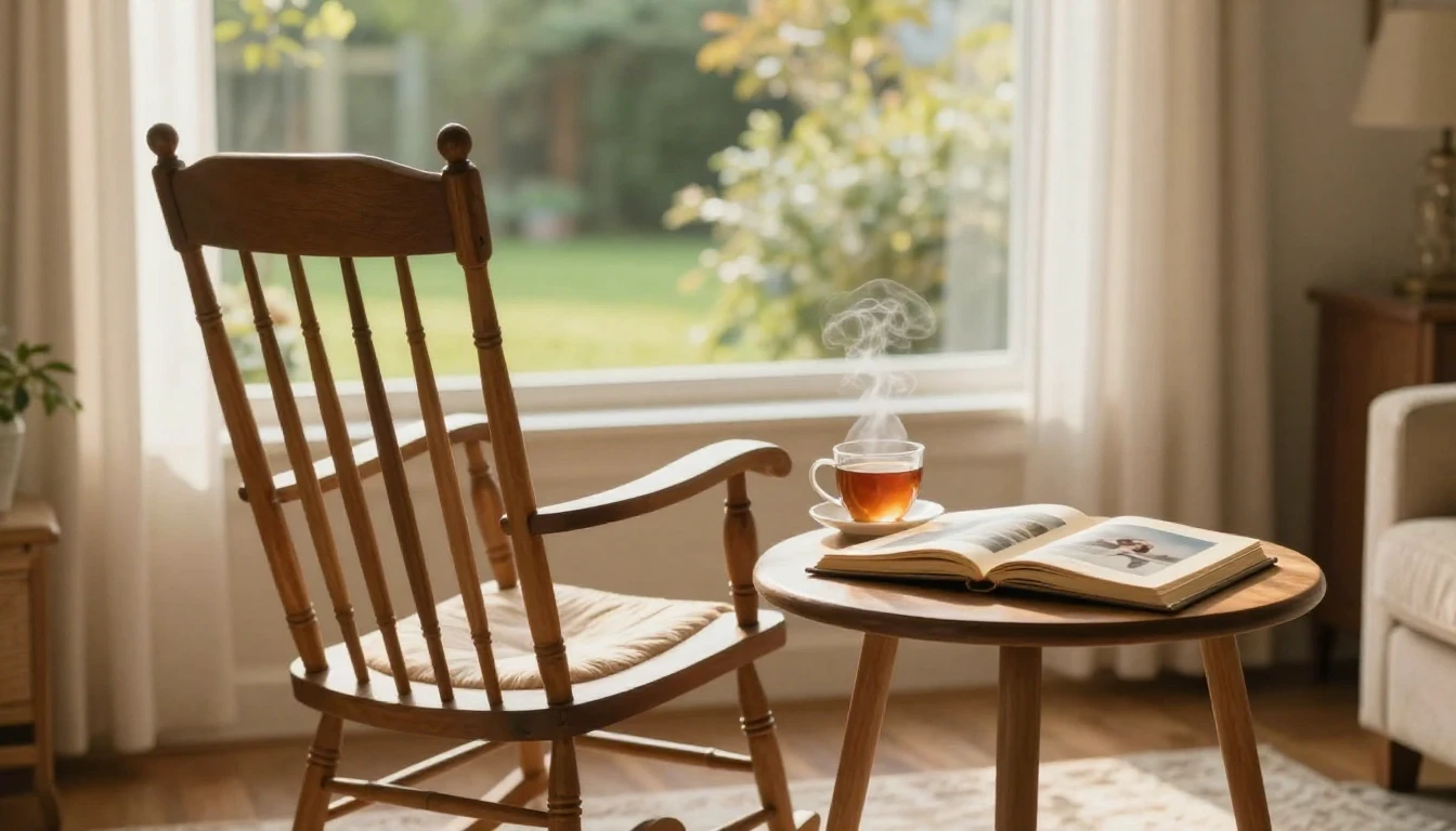 A cozy living room scene bathed in soft, golden sunlight fil...